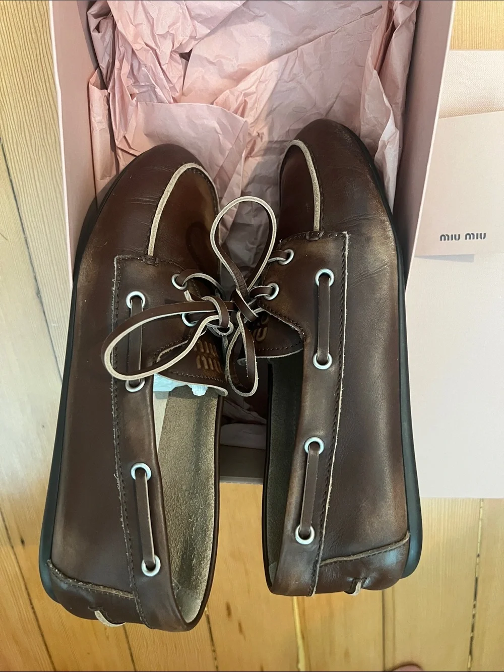Miu Miu Brown Leather Men’s Boat Shoes with Contrast Lacing distress